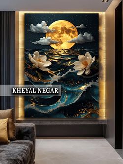 تابلو هنری لوکس  ماه و گل‌های آبی / مناسب دکورهای لاکچری - کد L16