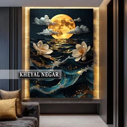 تابلو هنری لوکس ماه و گل‌های آبی - کد L16 ✨