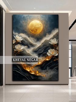 تابلو هنری لوکس ماه و گل‌های سفید / مناسب پذیرایی و دفتر کار لوکس - کد L17