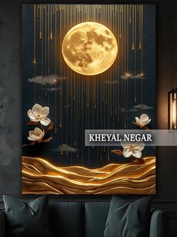 تابلو لوکس دکوراتیو ماه و شکوفه‌ها با طرح باران طلایی - کد L22