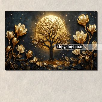 تابلو ماه طلایی با گل و درخت درخشان _ هنری لوکس - کد L6