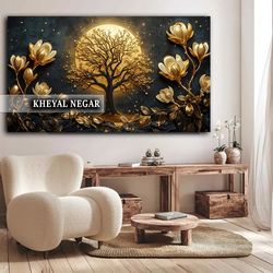 تابلو ماه طلایی با گل و درخت درخشان _ هنری لوکس - کد L6 ✨