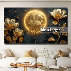 تابلو ماه و گل طلایی _ هنری لوکس با طراحی خلاقانه (ماه، درخت و گل ) - کد L7 ✨