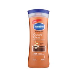 لوسیون بدن وازلین مدل Cocoa Glow حجم 400 میلی‌لیتر نرم کننده و آبرسان پوست خشک و حساس با عصاره کاکائو و شی باتر، حاوی ویتامین E،