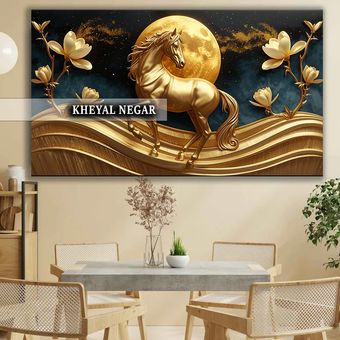 تابلو هنری لوکس با طراحی خلاقانه ( ماه، اسب و گل ) - کد L8