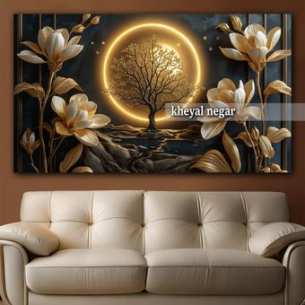 تابلو هنری لوکس با طراحی خلاقانه( ماه، درخت و گل )  - کد L9
