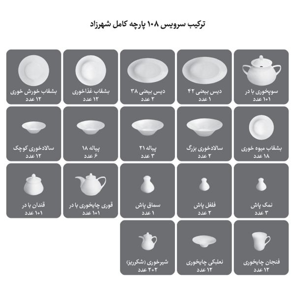 سرویس غذاخوری 108 پارچه چینی زرین ایران سری شهرزاد مدل رومینا درجه یک