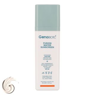 کرم ضدآفتاب بی‌رنگ ژنوبایوتیک، مدل Fusion water، حاوی محافظ UVA ،UVB، ضدآب، فاقد چربی، بدون پارابن، حاوی ویتامین E و هیالورونیک
