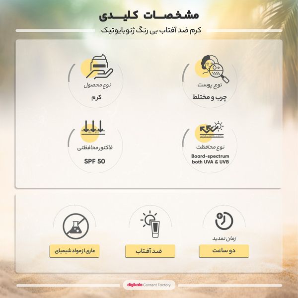 کرم ضد آفتاب بی‌رنگ ژنوبایوتیک SPF 50 مدل Sunogen ‌مناسب پوست‌های چرب و مختلط حجم 50 میلی‌لیتر