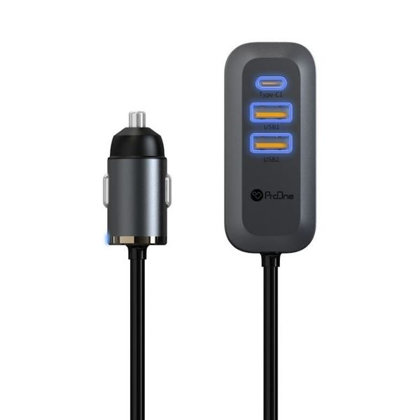 "شارژر فندکی 100 وات پرووان مدل PCG23 – فست شارژ + دو پورت USB و Type-C"