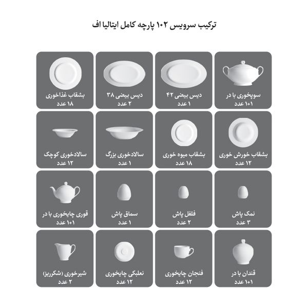 سرویس غذاخوری 102 پارچه چینی زرین ایران مدل ایتالیا اف سیلور لاینر درجه عالی