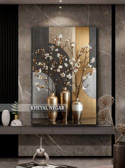 تابلو هنری گلدان‌های طلایی و شاخه‌های گل _ کد: O51