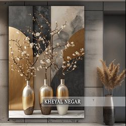 تابلو هنری با گلدان‌های مدرن و شاخه‌های گل _ کد: O52