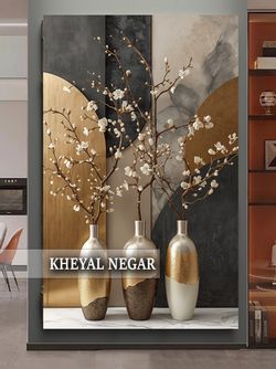 تابلو هنری با گلدان‌های مدرن و شاخه‌های گل _ کد: O52
