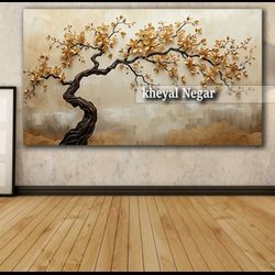تابلو هنری درخت با گل‌های طلایی و طراحی مدرن _ O58