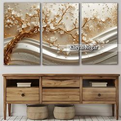 تابلو عکس سه بعدی و سه‌تکه گل‌های مگنولیا و بافت‌های ملایم _ کد O69