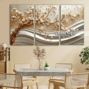 تابلو عکس سه بعدی و سه‌تکه گل‌های مگنولیا و بافت‌های ملایم _ کد T33