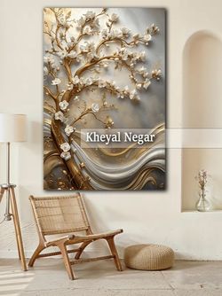 تابلو هنری درخت با گل‌های سفید و طراحی مدرن _ کد: O71