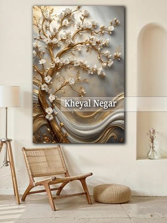 تابلو هنری درخت با گل‌های سفید و طراحی مدرن _ کد: O71