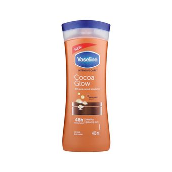 لوسیون بدن وازلین مدل Cocoa Glow حجم 400 میلی‌لیتر نرم کننده و آبرسان پوست خشک و حساس با عصاره کاکائو و شی باتر، حاوی ویتامین E،