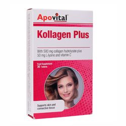 قرص کلاژن پلاس آپوویتال مدل Kollagen Plus حاوی کلاژن هیدرولیز شده، ویتامین سی و ال لیزین، کمک به حفظ استحکام پوست، کاهش چین و چر