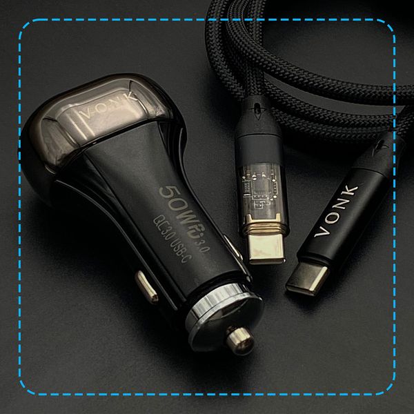 شارژر فندکی 50 وات دو پورت وونک مدل VC--50 به همراه کابل USB-C