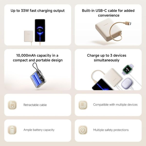 پاوربانک 33 وات شیائومی مدل PB1033MI ظرفیت 10000 میلیآمپرساعت به همراه کابل USB-C