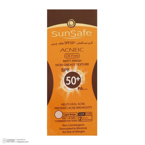 کرم ضد آفتاب رنگی سان سیف، مدل SPF50، مناسب پوست چرب، مختلط و دارای آکنه تنالیته رنگ روشن و حجم 50 میلیلیتر، محافظت کننده در ب