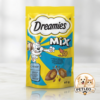 تشویقی مغزدار گربه دریمیز (Dreamies) میکس با طعم ماهی سالمون و پنیر | 60 گرم