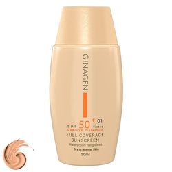 کرم ضد آفتاب رنگی ژیناژن، SPF 50، مدل 01، ‌مناسب پوست‌های خشک و نرمال با تنالیته متوسط و حجم 50 میلی‌لیتر، ضد آب، فاقد پارابن، م
