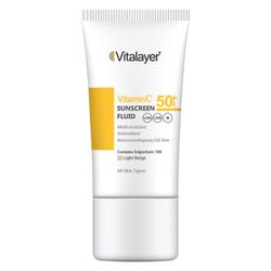 فلوئید ضدآفتاب رنگی ویتالیر، 50 SPF، مدل Vitamin C، مناسب انواع پوست تنالیته رنگ متوسط و حجم 50 میلی‌لیتر، ضد آب، محافظت کننده د