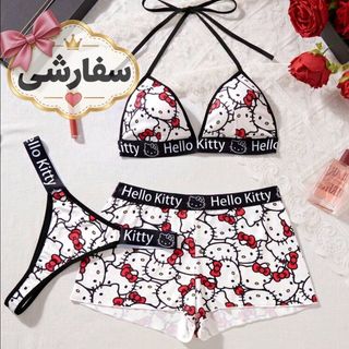 ست 3 تکه زنانه طرح هلو کیتی (Hello Kitty)؛ رنگ سیاه و سفید، دارای طرح نوشته «Kitty»؛ سبک اسپرت-شیک؛ ست لباس زیر پرانرژی و جذاب.