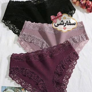 ست 3 عددی شورت زنانه مدل سه‌گوش، نخی و کبریتی، تک‌رنگ، با تزیینات گیپور (طرح ترکیبی)، راحت و جذاب