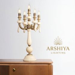 آباژور رومیزی آنتیک نئوکلاسیک برنجی سنگ کرم برند عرشیا لایتینگ