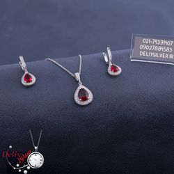 نیم ست نقره زنانه دلی سیلور مدل یاقوت و اشک کد A5