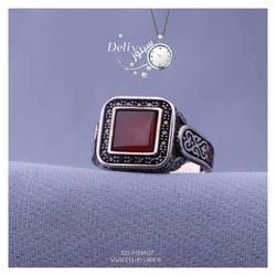 انگشتر نقره مردانه دلی سیلور مدل عقیق سرخ سیاه قلم کد C2