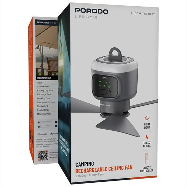 پنکه سقفی کمپینگ شارژی پرودو Porodo rechargeable camping ceiling fan PDRSF12KGY