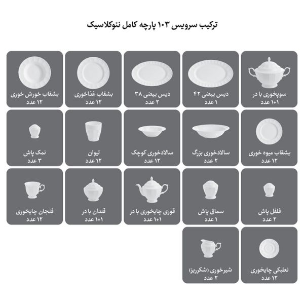 سرویس غذاخوری 103 پارچه چینی زرین ایران سری نئوکلاسیک مدل نارسیس درجه عالی