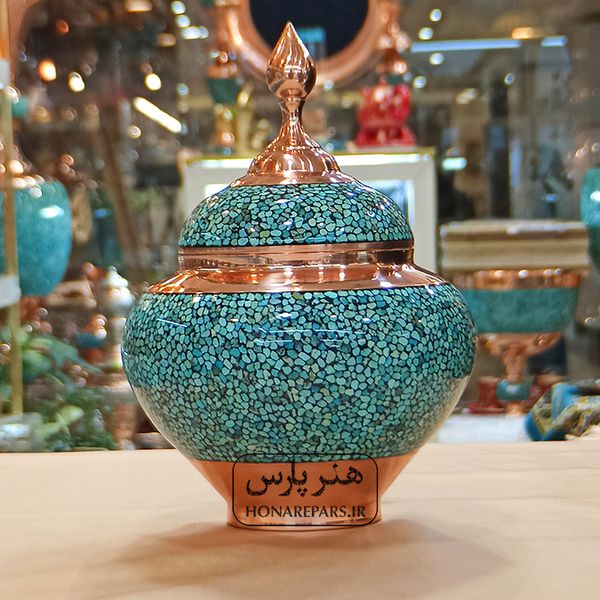 قندان مس و فیروزه سیبی 20 سانت