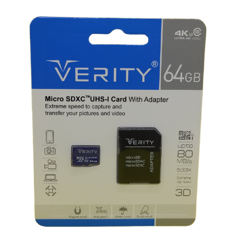 تصویر کارت حافظه microSDHC وریتی مدل Final 600X کلاس 10 استاندارد UHS-I U3 سرعت 80MBps ظرفیت 64 گیگابایت به همراه آداپتور SD 