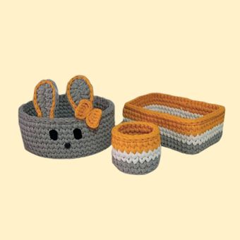 ست سبد قلاب بافی تریکو طرح سیسمونی نوزادی خرگوشی کد 16 مجموعه  3 عددی