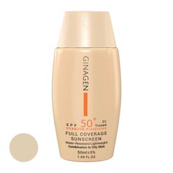 کرم ضد آفتاب رنگی ژیناژن، SPF 50، مدل 01، ‌مناسب پوست‌های چرب و مختلط با تنالیته روشن و حجم 50 میلی‌لیتر، ضد آب، محافظت‌کننده در