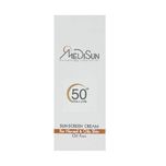 کرم ضد آفتاب بی‌رنگ مدیسان، SPF 50، مناسب پوست‌های چرب و معمولی با حجم 50 میلی‌لیتر، محافظت‌کننده در برابر اشعه‌های UVA و UVB، د