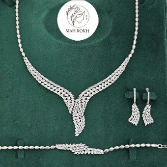 سرویس نقره جواهری زنانه مجلسی نگین های مارکیز و برلیان 34.5 گرمی نقره اصل 925