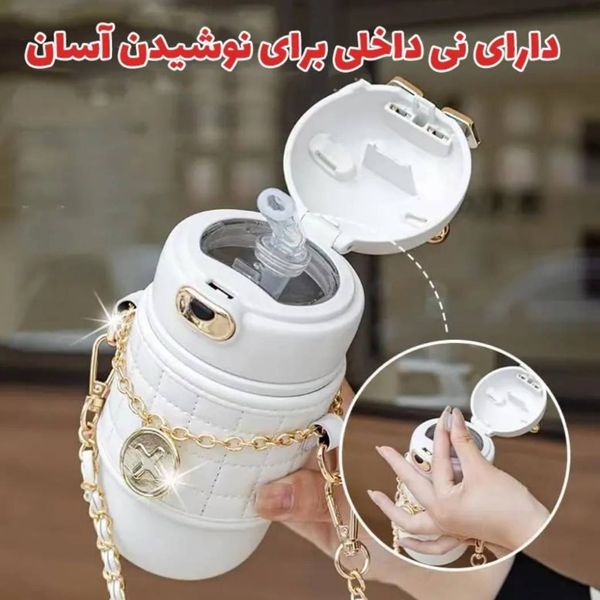 تراول ماگ خرسی با زنجیر طلایی؛ خاص‌ترین فلاسک کیف دستی استیل 316 مناسب برای هدیه برای دختران شیک‌پوش + حفظ دما 12 ساعت