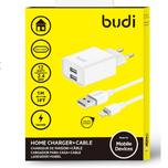 شارژر دیواری 12 وات بودی مدل Budi AC356ELW با 2 خروجی USB به همراه کابل USB به لایتنینگ با گارانتی 18 ماهه شرکتی (6 ماه تعویض)