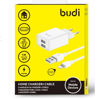 شارژر دیواری 12 وات بودی مدل Budi AC356ELW با 2 خروجی USB به همراه کابل USB به لایتنینگ با گارانتی 18 ماهه شرکتی (6 ماه تعویض)