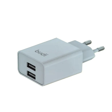 شارژر دیواری 12 وات بودی مدل Budi AC356ELW با 2 خروجی USB به همراه کابل USB به لایتنینگ با گارانتی 18 ماهه شرکتی (6 ماه تعویض)