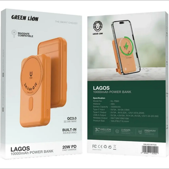 پاور بانک گرین لاین GREEN LION LAGOS ظرفیت 10000 میلی‌آمپر ساعت مدل GL-PB60