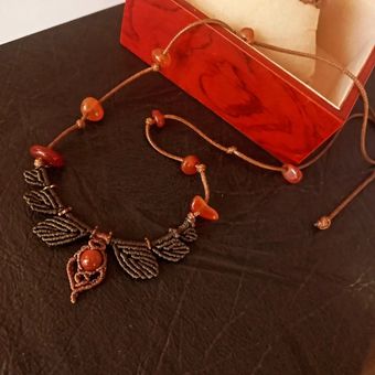 گردنبند دستبافت چرمی میکرومکرومه عقیق یمن